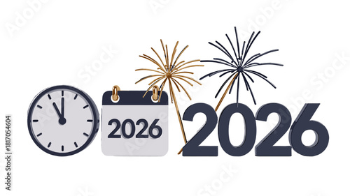 New Year's Eve illustration in 2026 with a clock, calendar and fireworks.