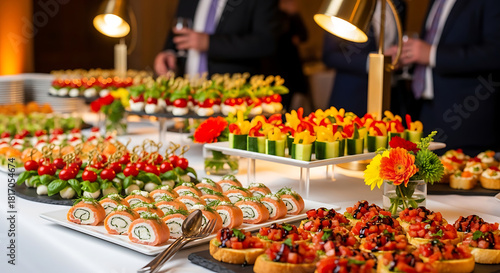 Culinary Delights: A close-up shot of a lavish buffet spread at a social gathering, showcasing an array of exquisitely presented finger foods and appetizers.