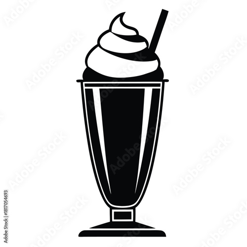 milkshake topped with whipped cream in tall glass black and white silhouette