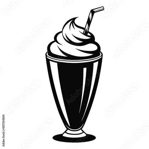 milkshake topped with whipped cream in tall glass black and white silhouette