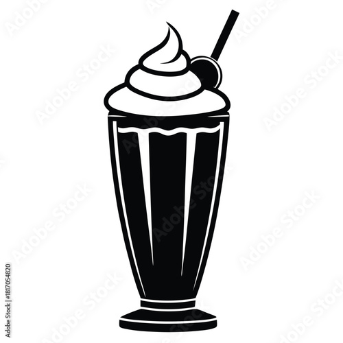 milkshake topped with whipped cream in tall glass black and white silhouette