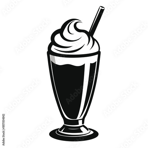 milkshake topped with whipped cream in tall glass black and white silhouette