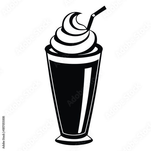 milkshake topped with whipped cream in tall glass black and white silhouette
