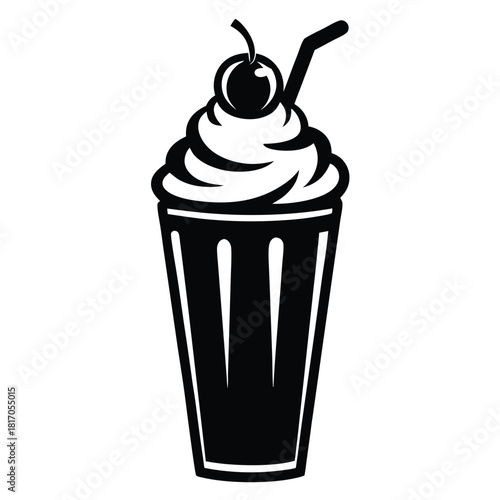 milkshake topped with whipped cream in tall glass black and white silhouette