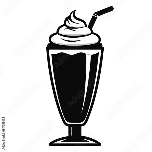 milkshake topped with whipped cream in tall glass black and white silhouette