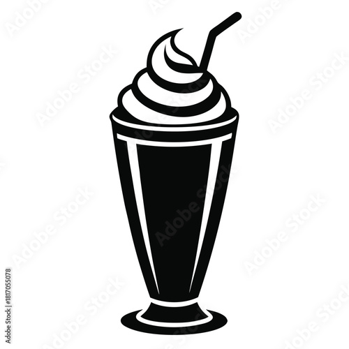 milkshake topped with whipped cream in tall glass black and white silhouette