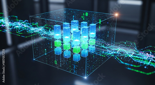Cybernetic Cube: A futuristic depiction of data streams and digital architecture. The cube pulses with vibrant energy, highlighting the complex network of information processing.