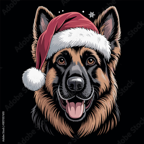 German Shepherd Dog With Santa Hat Christmas Illustration