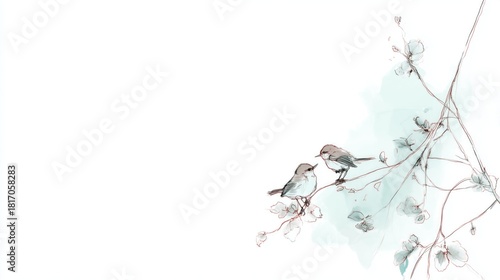 Delicate watercolor illustration of two small birds perched on a branch, surrounded by soft pastel foliage and white space for poetic and artistic expression
