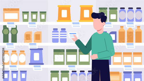 Customers Shopping and Checking Prices of Discounted Products in a Modern Supermarket – Flat Pastel Illustration