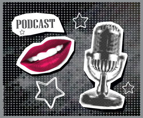 Trendy Halftone Collage with Studio Microphone for Podcast, smiling lips and speech bubble. Broadcast recording. Listen to educational content. Online radio. Audio streaming service.	