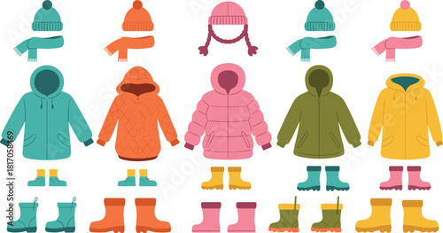 Set of Five Cute Winter Clothes and Accessories, Puffy Jacket, Parka, Hats, Scarves, and Rain Boots Collection, Cold Weather Vector Illustration.