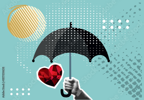 Trendy Halftone Collage with black and white hand holding an umbrella above a red heart. Modern collage style. Vector illustration
