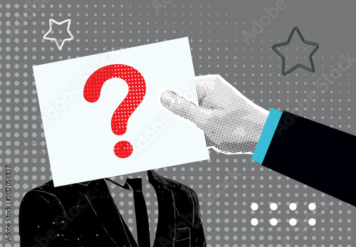 Trendy Halftone Collage with hand holding sheet of paper with a question mark covers the face of a businessman. Dotted texture retro halftone collage torn out element pop art style object. Vector