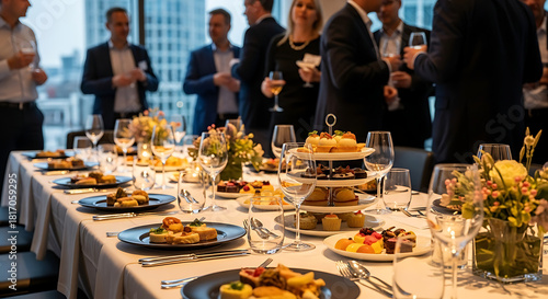 Business Social Gathering: A sophisticated business gathering unfolds against a backdrop of city views.