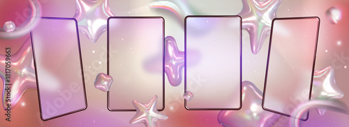 Holographic Smartphone Mockup with Iridescent Stars and Gradient Background. Transparent matt glass plates on the background 3d set  holographic stars . Cyber Design in y2k style and 90s design
