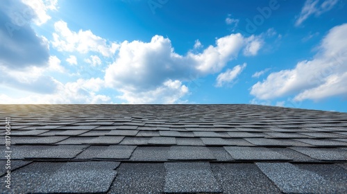 Gray shingle roof under blue sky with clouds