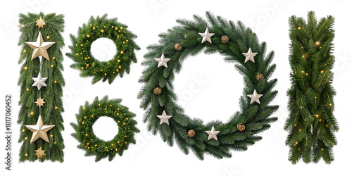 Festive christmas fir wreaths, garlands, stars, golden ornaments