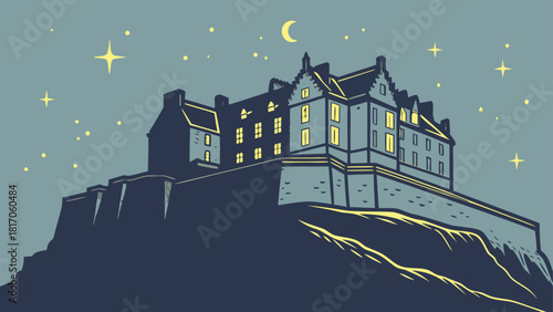 Edinburgh Castle – Night Sky Minimal Design, Modern Scottish Landmark Silhouette, Calm Starry‑Night Architecture Vector Illustration