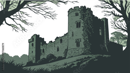 Old UK castle ruins moody silhouette