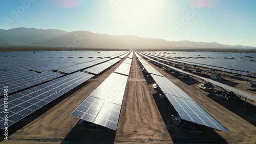 Solar power plant shows long rows of panels absorbing sunlight in desert. Rows of panels convert solar power into energy, mountains and clear skies accentuate clean energy.