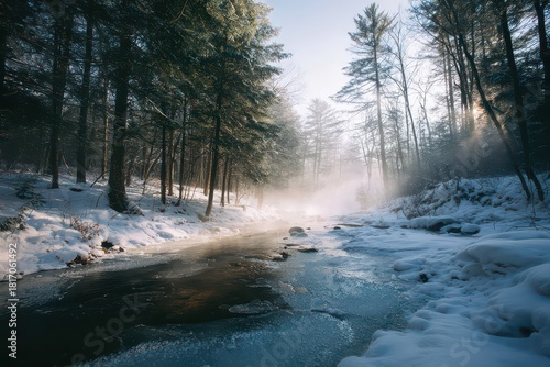 Snowy forest scene with an icy stream flowing through trees under soft morning light