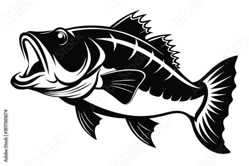 large mouth bass fish black and white silhouette