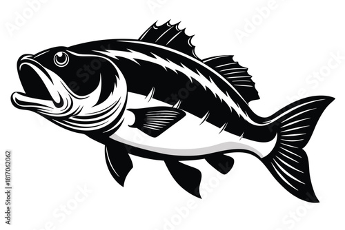 large mouth bass fish black and white silhouette