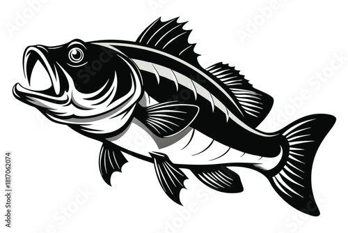 large mouth bass fish black and white silhouette