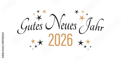 Gutes Neues Jahr 2026. Text und Sterne. Transparenter Hintergrund.