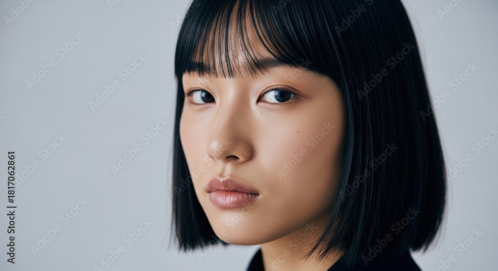 Naklejka premium Close-up portrait of a young Asian woman with straight black hair and natural makeup against a
