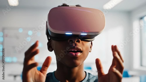 Child in VR headset experiences virtual reality, exploring immersive digital worlds. This VR headset experience brings digital content to life for student.