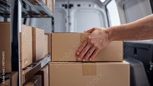 Delivery boxes loaded in van ready for distribution, parcel shipment in delivery boxes by courier. Distribution with delivery boxes for relocation services and small business operations.