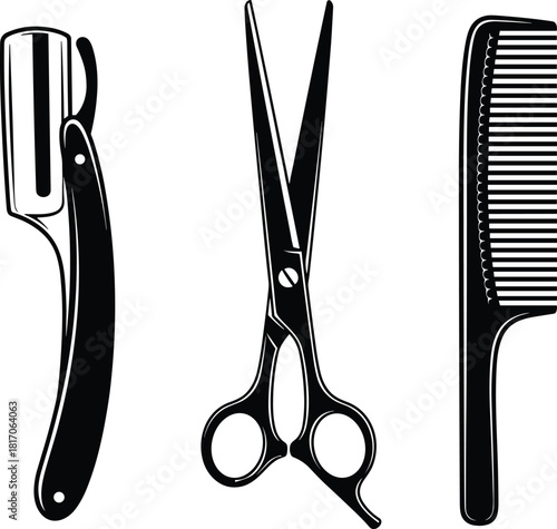 Barber tool silhouette set with straight razor, scissors, and comb in black vector style for grooming and hairdressing design.