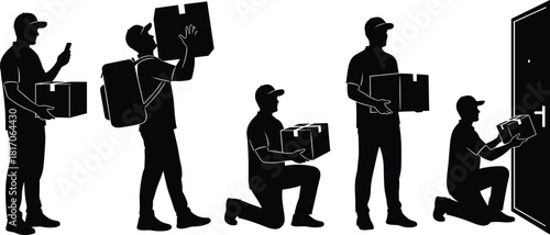 Delivery person silhouette set showing package handling and drop-off stages in black vector style for logistics and courier design.