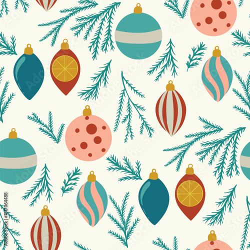 Christmas Vector Seamless Pattern Festive Illustrations with Ornaments Santa Trees Plaid Stars
