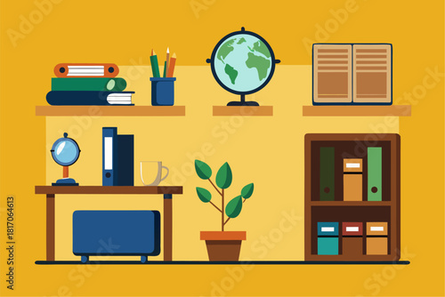 Vector illustration of a living room furniture set featuring a sofa, table, desk, chair, bookshelf, and lamp for interior design icons