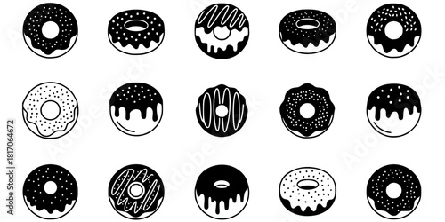 Doughnut Silhouette Set Ring and Filled Pastry Icons