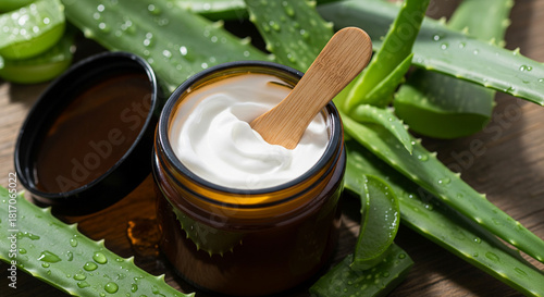 A close-up, high-angle shot of a jar containing white cream, with a small wooden spatula resting in it, surrounded by fresh green aloe vera leaves, some of which are cut, on a dark wooden surface 