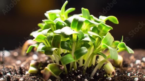Cluster of young green seedlings growing closely together in dark soil sprouts germination