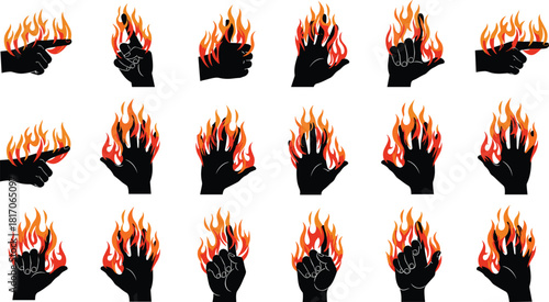 Flaming hand gesture silhouette set with dramatic fire effects, symbolic vector art for passion, power, energy, and intensity themes.