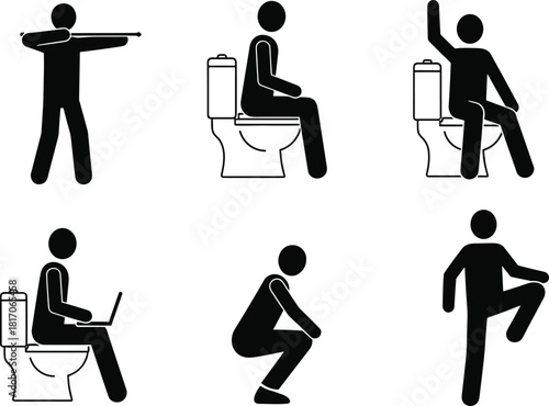 Funny silhouette set of toilet poses and multitasking activities in black vector style for humor, lifestyle, and design use.