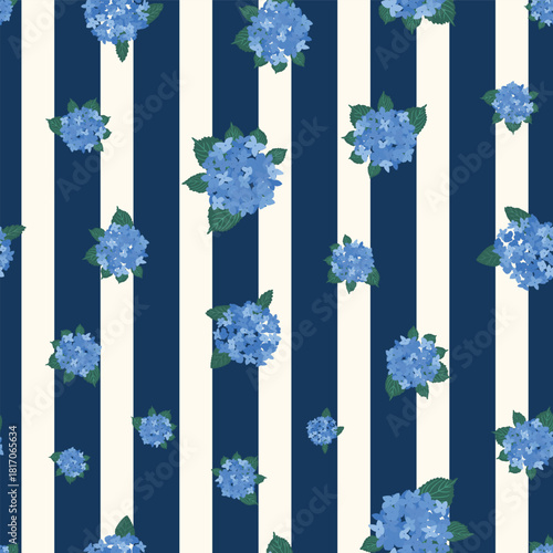 Coastal Hydrangea Pattern Collection Blue Florals Stripes Gingham Seamless Vector Set