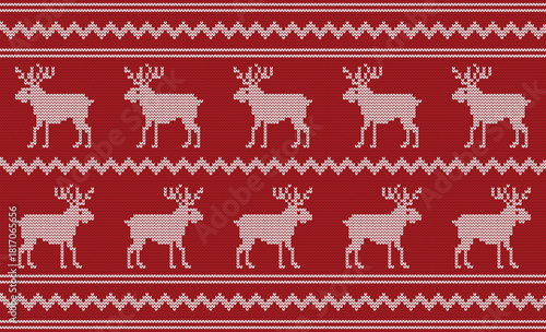 Christmas knit pattern texture – Seamless winter Scandinavian design in red and white with reindeer silhouettes and geometric ornaments, perfect for festive holiday backgrounds
