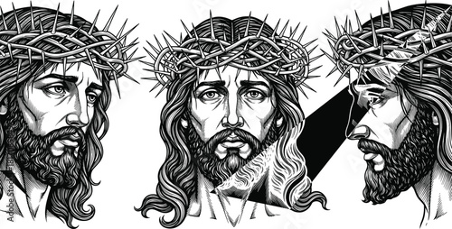 Jesus Christ crown of thorns portrait in three views, detailed black and white line art for religious and spiritual illustration.