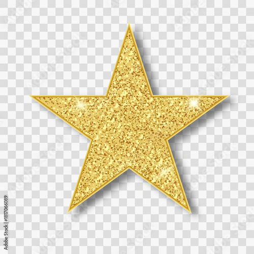 Gold glitter star isolated on a transparent background. Golden star icon with lights. Vector design element for advertising, greeting card, jewelry, prestigious restaurant menu.