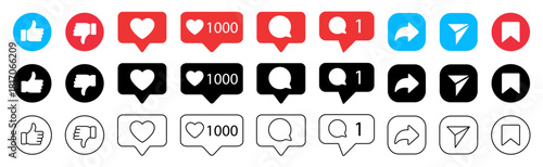 Set of collection social media notification icons including like, heart, view, share, and comment symbols. ideal for digital communication concepts. Editable outline