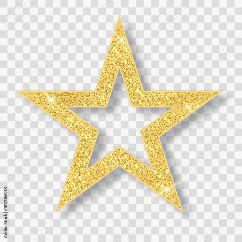 Gold glitter star isolated on a transparent background. Golden star icon with lights. Vector design element for advertising, greeting card, jewelry, prestigious restaurant menu.