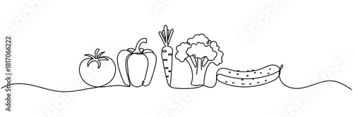 Continuous one line drawing of set of vegetables. One line drawing illustration of set of ripe vegetables. Vegetables, Fresh vegetables concept line art. Editable outline