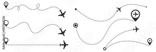 The flight path of the aircraft from the point of location along the dotted line. Flight route from a waypoint with an airplane silhouette. Vector elements